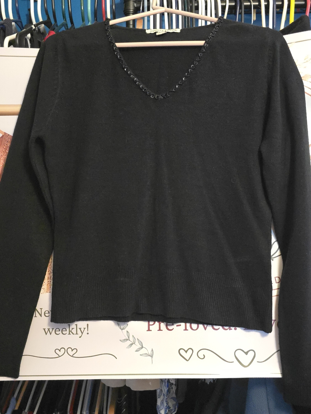 Carolyn Taylor Black Crewneck Sweater with Beaded Trim